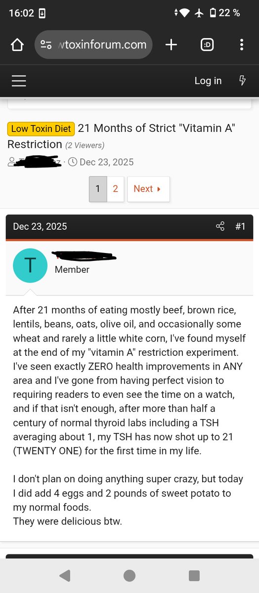 Metabolicmonstr's tweet image. Individual tries low vitamin A diet. 
Eye sight worsens, TSH increases from 1 to 21. 
Many such cases.