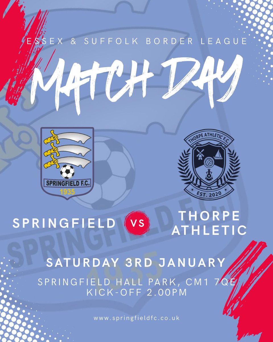 SpringfieldF's tweet image. 💙❤️ MATCHDAY 💙❤️

First home game of 2026 as Springfield host Thorpe Athletic.
⏰ 2pm KO at Springfield Hall Park.

Let’s start the year strong 👊

#SpringfieldFC #UpTheField