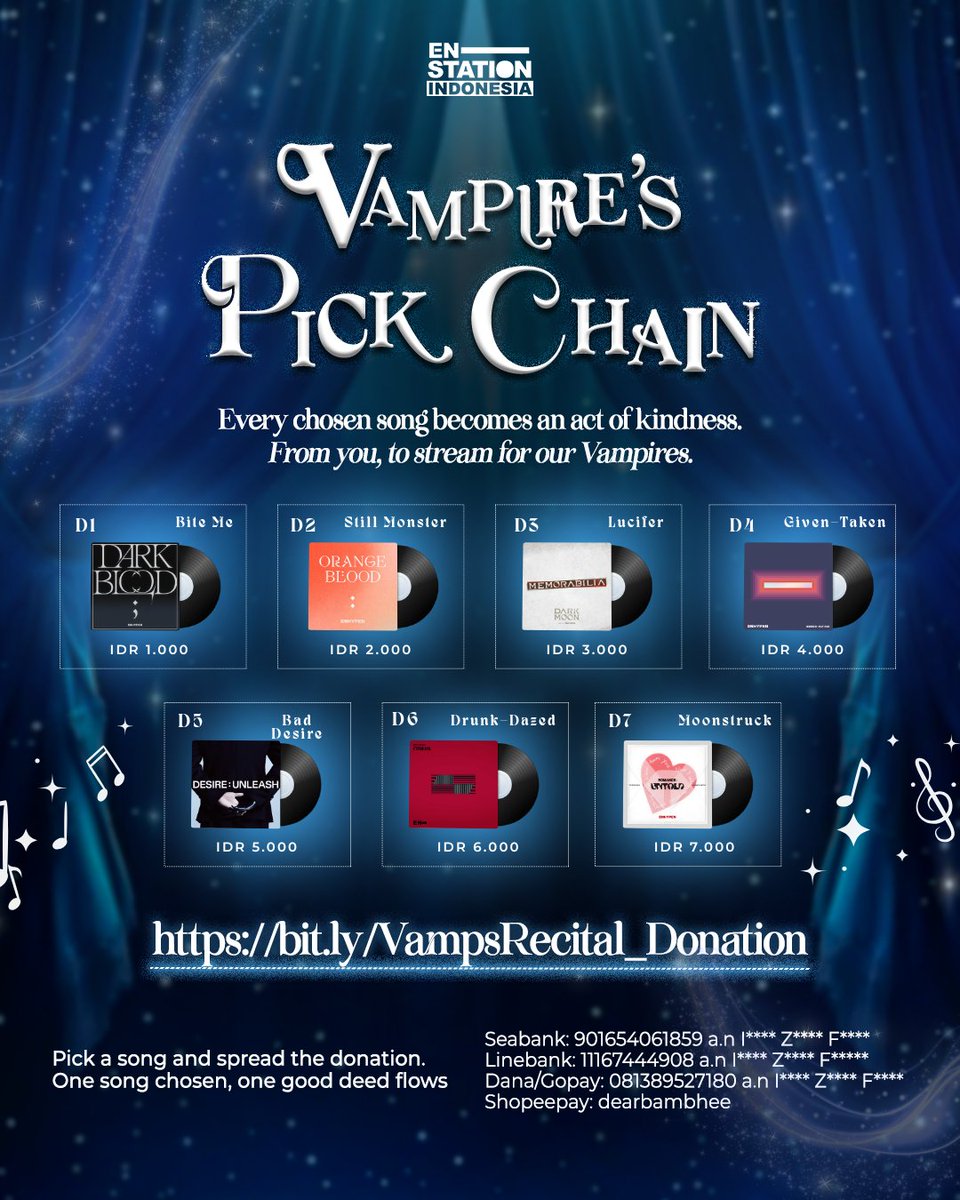 ENSTATIONID's tweet image. 𝐕𝐀𝐌𝐏𝐈𝐑𝐄'𝐒 𝐏𝐈𝐂𝐊 𝐂𝐇𝐀𝐈𝐍 🦇

Kita semakin dekat dengan Vamps Recital Show dan para volunteers sudah mulai berkumpul.
Malam ini, satu lagu sedang menanti untuk kamu pilih—

🔗 bit.ly/VampsRecital_D…

Beri tahu kami lagu favoritmu dan berdonasi sekarang juga untuk…