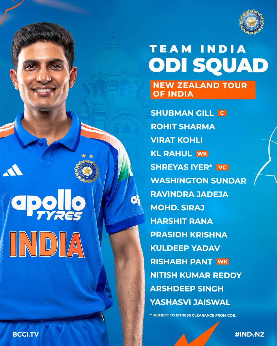 🚨 🇮🇳 India’s ODI squad vs New Zealand announced! 🚨

Captain: Shubman Gill
Vice-Captain: Shreyas Iyer*
Key names: Rohit Sharma, Virat Kohli, KL Rahul (WK), Rishabh Pant (WK), Ravindra Jadeja, Mohammed Siraj, Arshdeep Singh, Yashasvi Jaiswal

#INDvNZ #INDvsNZ