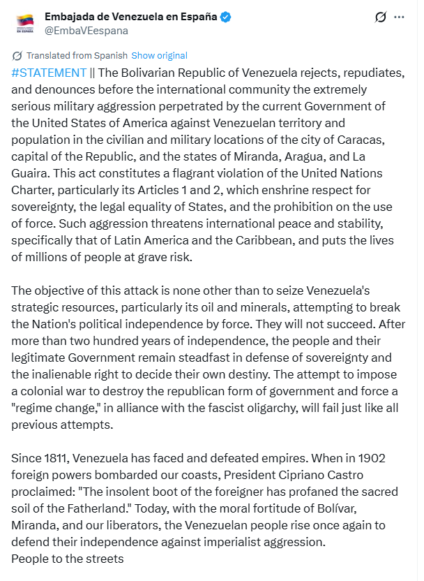 Embassy of the Bolivarian Republic of Venezuela to the Kingdom of Spain, Embajada de Venezuela en España (<a href="/EmbaVEespana/">Embajada de Venezuela en España</a>) posts, "#STATEMENT || The Bolivarian Republic of Venezuela rejects, repudiates, and denounces before the international community the extremely serious military