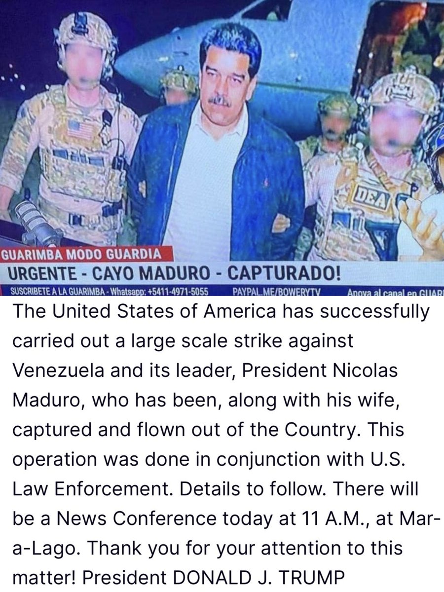 RWWReborn's tweet image. AMERIKA MENANGKAP PRESIDEN VENEZUELA!

Dalam pernyataan resminya, Presiden Donald Trump akhirnya menyampaikan bahwa serangan yang Amerika Serikat lakukan beberapa jam lalu di Ibu Kota Caracas, Venezuela, "berbuah" manis dengan ditangkapnya Presiden Nicolás Maduro Moros beserta…