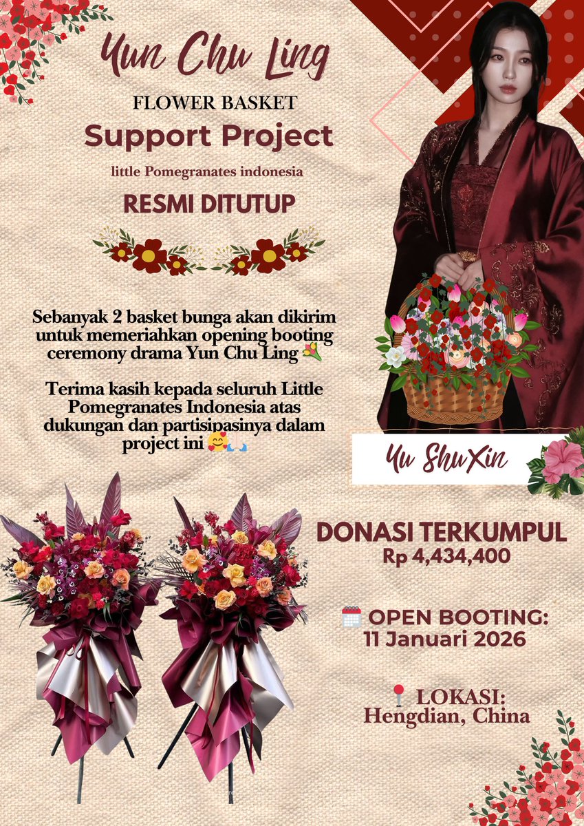 YUSHUXINID's tweet image. 🌸✨ YUN CHU LING FLOWER BASKET SUPPORT PROJECT ✨🌸

🔒 RESMI DITUTUP
💖 Total donasi: Rp 4.434.400
🎉 Target terlampaui, 2 basket bunga akan dikirim

Terima kasih atas dukungan dan partisipasi Little Pomegranates Indonesia 🥰🙏

#YuShuxin #EstherYu #虞书欣 
#云初令 #YunChuLing