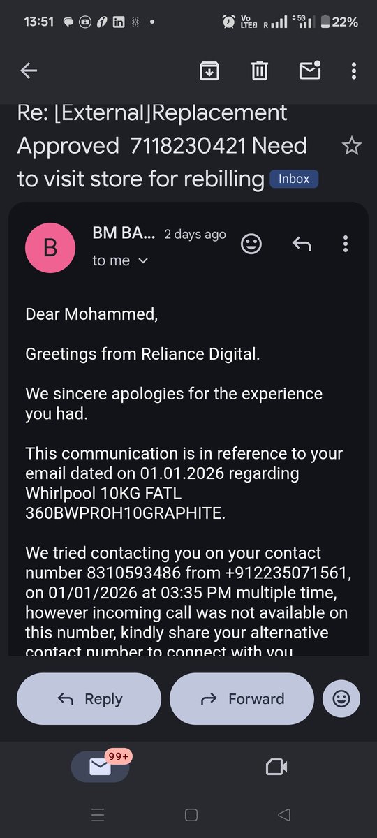 QaziSrk963's tweet image. Bought Whirlpool washer from Reliance Digital (40–50 min cycle promised). Reality: 2+ hrs, clothes dirty. CEO desk approved replacement (TR given) now rejects @RelianceDigital @WhirlpoolIndia @reliancegroup #CustomerHarassment #FalseCommitment #CustomerCheated #ConsumerRights
