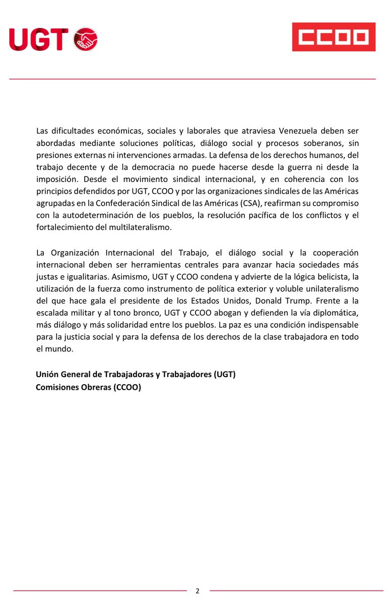 América Latina y el Caribe no son el patio trasero de USA.

El ataque de hoy es una vulneración grave del derecho internacional y los principios de la ONU. 

Condenamos los bombardeos y el uso de la fuerza y exigimos el fin de la injerencia de Estados Unidos en Venezuela.