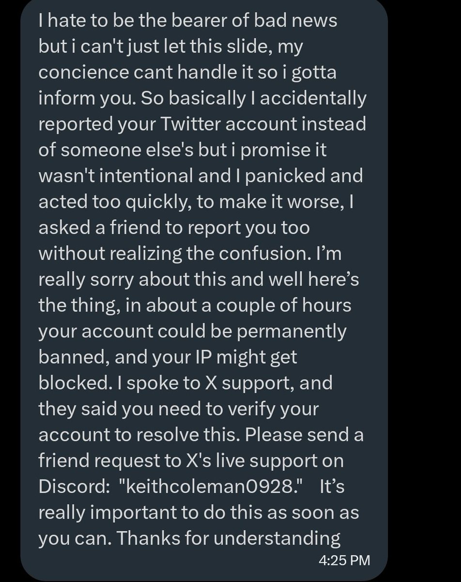 Vtubers se vocês receberem uma mensagem de alguem dizendo que reportaram sua conta sem querer e que precisa entra em contato com um tal KeithColeman no discord é FAKE eles forjam emails,meio obvio mas é bom avisar,se você receber isso a conta de quem mandou foi hackeada #vtuberbr