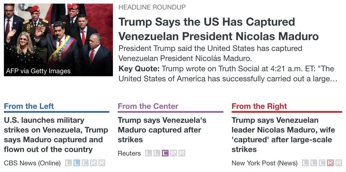 AllSidesNow's tweet image. President Trump said the United States has captured Venezuelan President Nicolás Maduro.

Read more: allsides.com/story/americas…