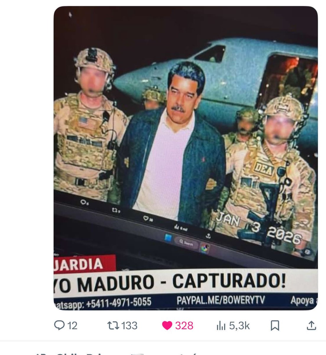 Primera foto de Maduro capturado por comandos estadounidenses.