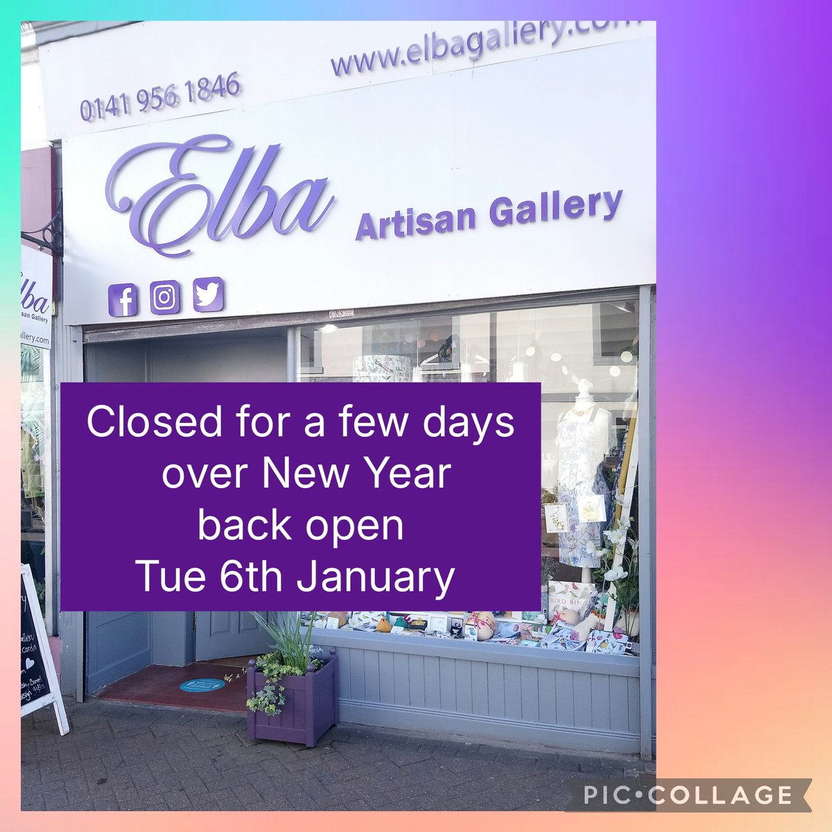 Happy New Year 🎉 
We are CLOSED for a few days to rest over New Year &amp; to put all the Christmas displays (this takes a few days) 
Back open Tue 6th Janurary, with a new window display ! 
Meanwhile, you can still order online elbagallery.com
<a href="/milngavie/">Milngavie</a>