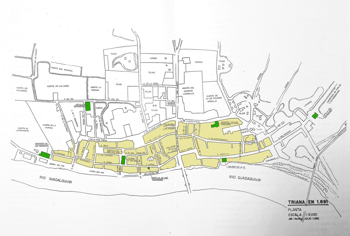 Triana 1891.
Plano publicado en 1982 en el famoso libro "Triana. El Caserio" de Manuel Macías Miguez.
El plano lo firma Julio Macias Bocanegra y está basado el famoso plano de Sevilla de 1891 de Antonio de Pudura y Manuel de la Vega-Campuzano.
El color se lo hemos puesto nosotros