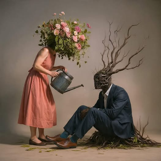 "Una planta está seca, quebrada, convertida en ramas sin vida. La otra está llena de colores, fuerza y flores.
Y aun así, la que florece es la que riega a la que se está muriendo por dentro.
Y aquí viene la verdad dura que pocos quieren aceptar:
No puedes salvar a alguien que se