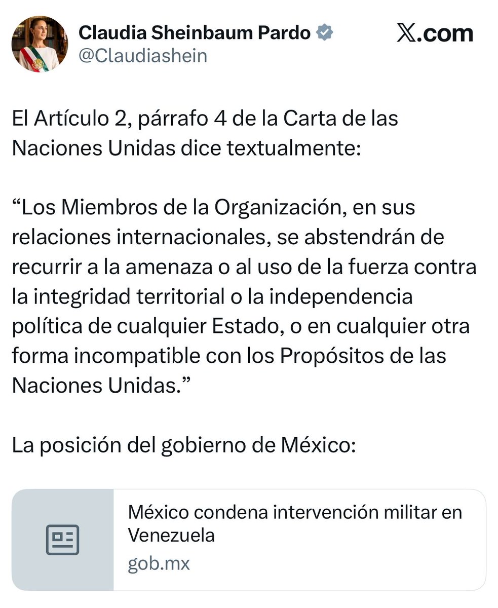 UltimaHoraCR's tweet image. #MUNDO | El gobierno mexicano condenó las acciones militares estadounidenses en Venezuela. “México hace un llamado urgente a respetar el derecho internacional, así como los principios y propósitos de la Carta de la ONU, y a cesar cualquier acto de agresión contra el gobierno y…