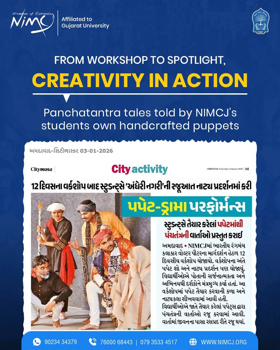 NimcjOfficial's tweet image. From workshop to headlines ✨
NIMCJ students’ theatre and puppetry performances shine across leading news platforms 🎭👏

#NIMCJ #StudentTalent #MediaStudents #TheatreLife #MassCommunication