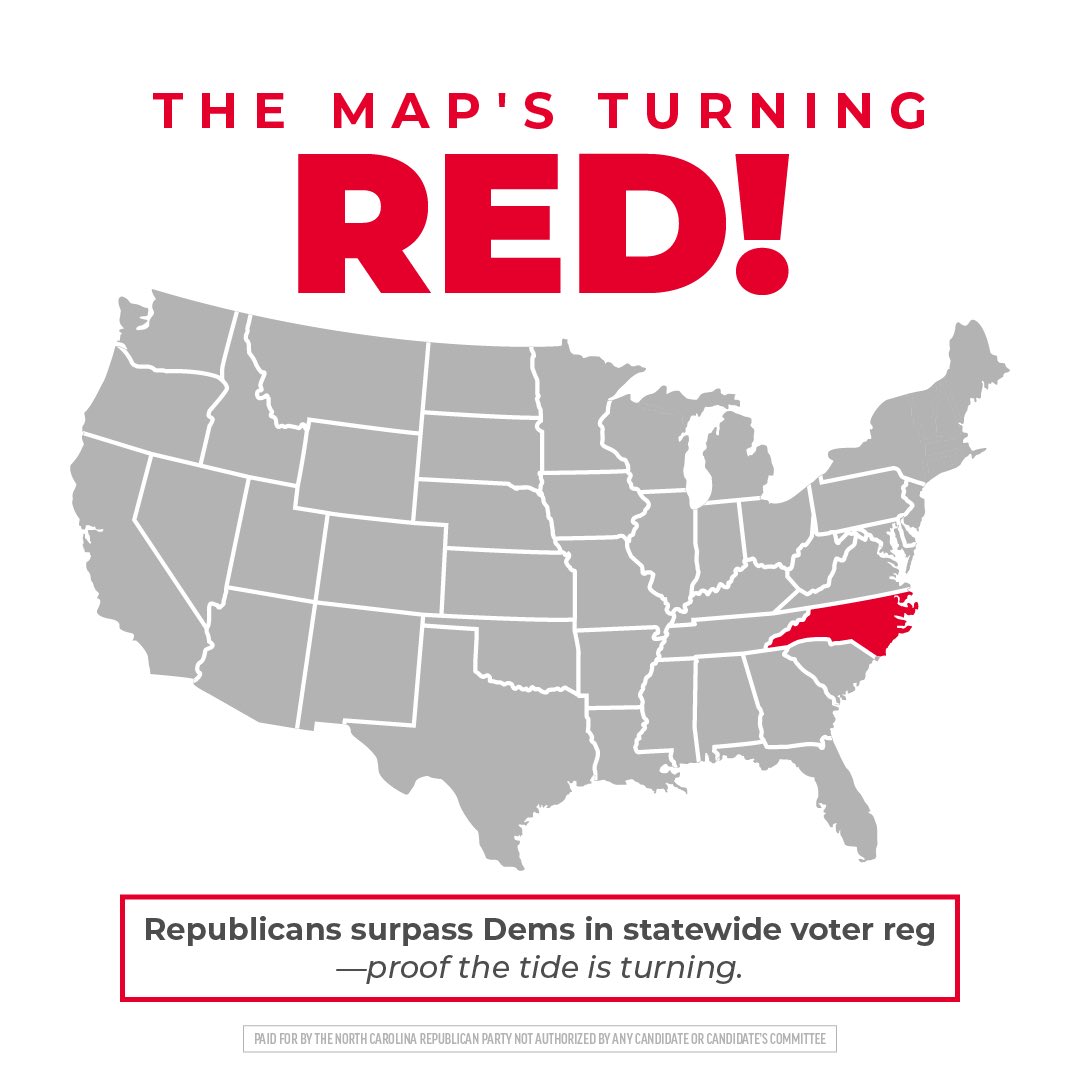 Good morning from the RED STATE of North Carolina! 

Republicans 2,315,067
D*mocrats 2,312,990

#NCPOL