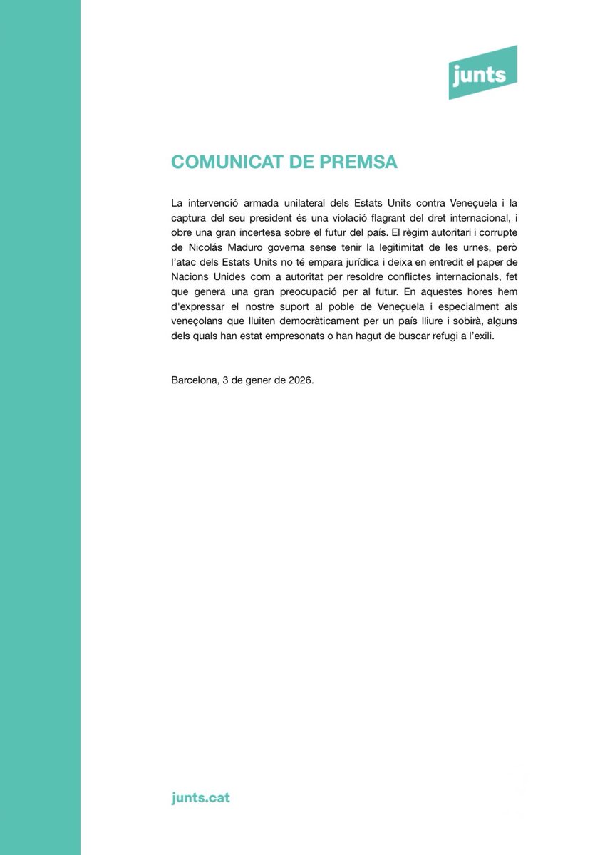 JuntsXCat's tweet image. El règim autoritari i corrupte de Nicolás Maduro governa sense tenir la legitimitat de les urnes, però l’atac dels Estats Units no té empara jurídica i deixa en entredit el paper de Nacions Unides com a autoritat per resoldre conflictes internacionals.