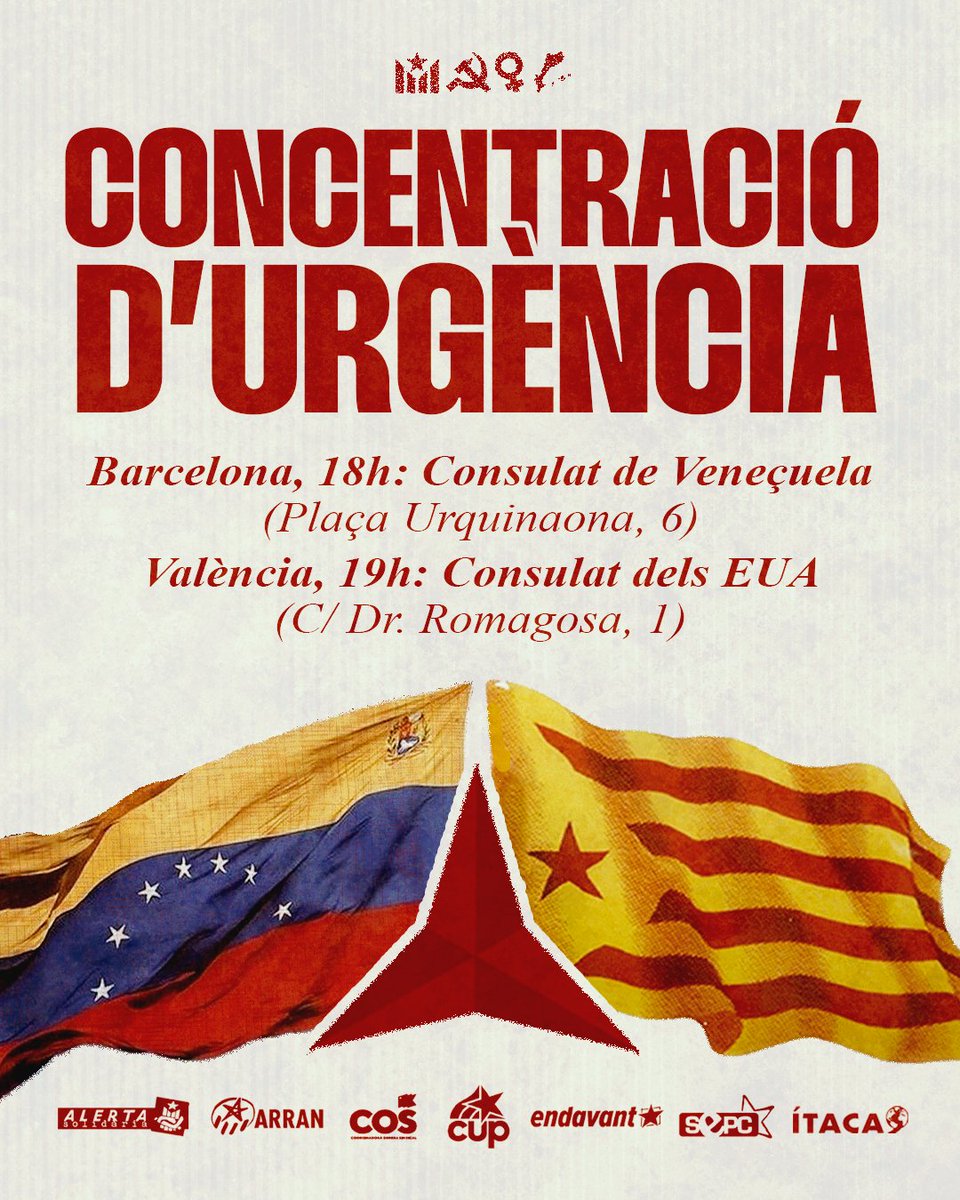 💥 Contra l'agressió imperialista i per la sobirania dels pobles!

✊🏽 Concentració d'urgència a Barcelona i a València