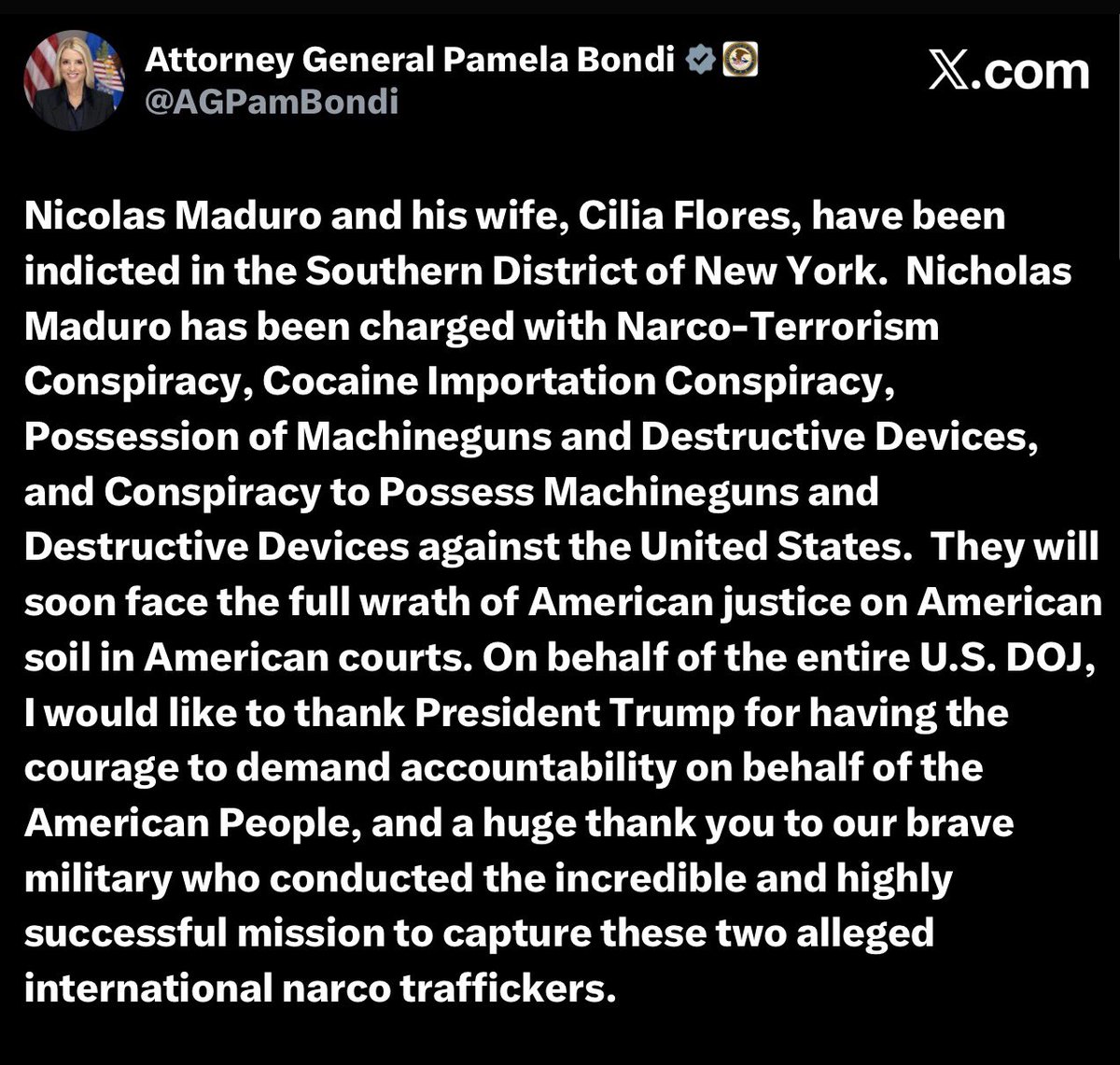 ExxAlerts's tweet photo. BREAKING: AG Pam Bondi has announced that Nicholas Maduro and his wife have been indicted in the Southern District of New York. https://t.co/6jjDsPYDQ7