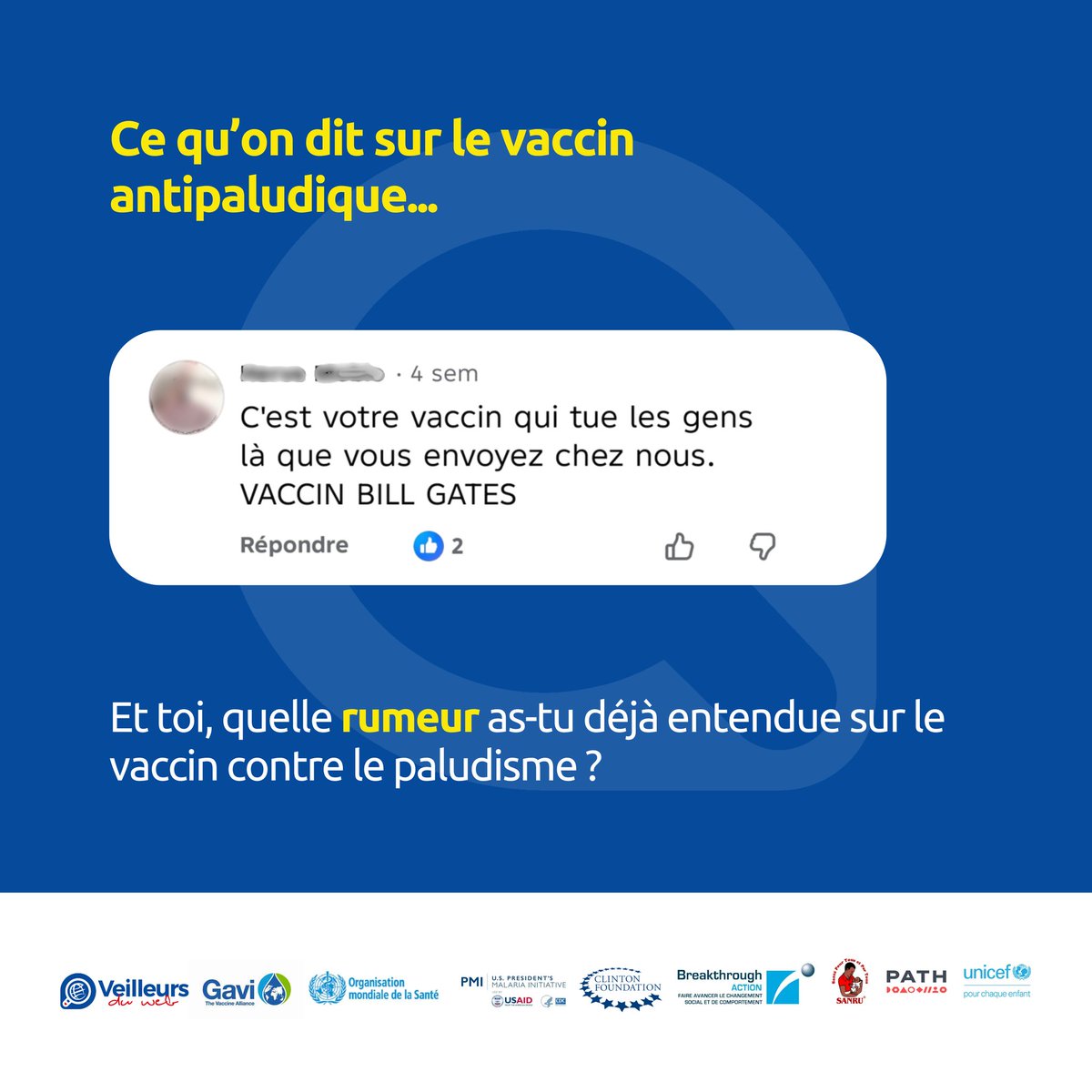 Lydia483390's tweet photo. Des rumeurs freinent la vaccination contre le paludisme. Pourtant, ce vaccin est sûr, efficace et sauve des vies.

Certains disent qu’il a été créé pour nuire aux Africains. Et toi, quelle rumeur as-tu déjà entendue ?

#LeVaccinAntipaludiqueSauve  
#StopPaludismeEnRDC https://t.co/Hbx4qsEgH3