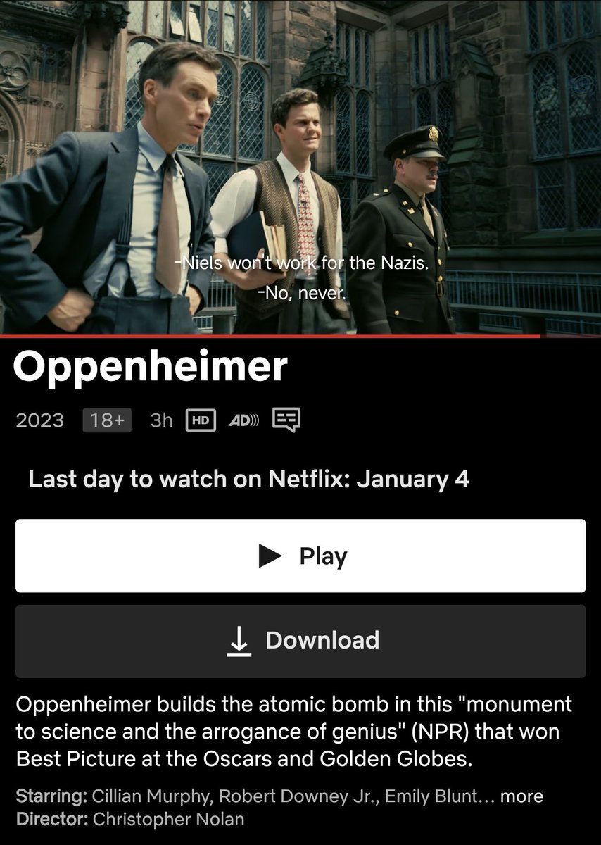 HabisNontonFilm's tweet image. OPPENHEIMER akan hilang dari library Netflix per 5 Januari. Silakan yang lagi nyari tontonton ringan 🙏