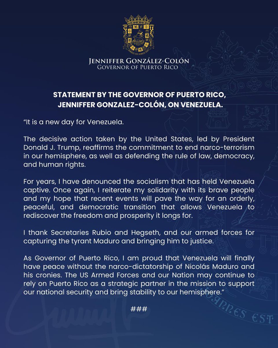 Jenniffer's tweet image. Statement by the Governor of Puerto Rico, Jenniffer Gonzalez-Colon, on Venezuela.

It is a new day for Venezuela.

The decisive action taken by the United States, led by President Donald J. Trump, reaffirms the commitment to end narco-terrorism in our hemisphere, as well as…