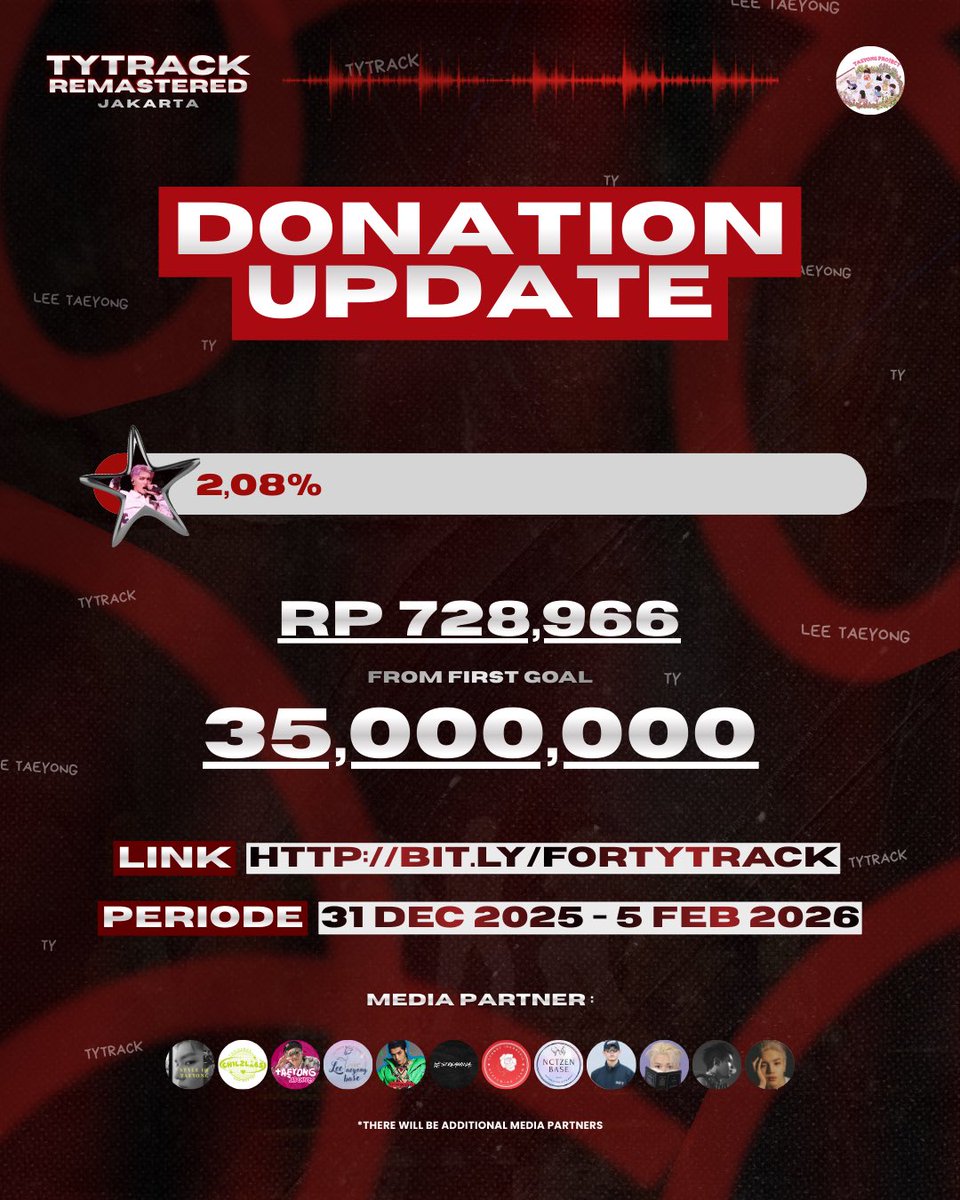 TY TRACK REMASTERED JAKARTA
FAN PROJECT 

‼️ D-34 ‼️

Thank you so much for your support, TYongF! We still open the donation 🩷

🎯 Progress 2.08%

Donate here 
🔗 bit.ly/forTYTRACK

 #TAEYONG #TY_TRACK
#TY_TRACK_REMASTEREDinJKT