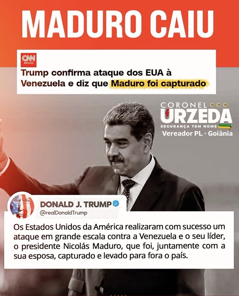 CoronelUrzeda's tweet photo. Os Estados Unidos confirmaram um ataque militar na Venezuela, resultando na captura do narcoditador Maduro e de sua esposa.
Ambos já foram retirados da País pelas Forças Estadunidenses. 
Cai uma ditadura sul-americana defendida e apoiada por Lula, descondenado, e pela esquerda. https://t.co/296QgFcTtz