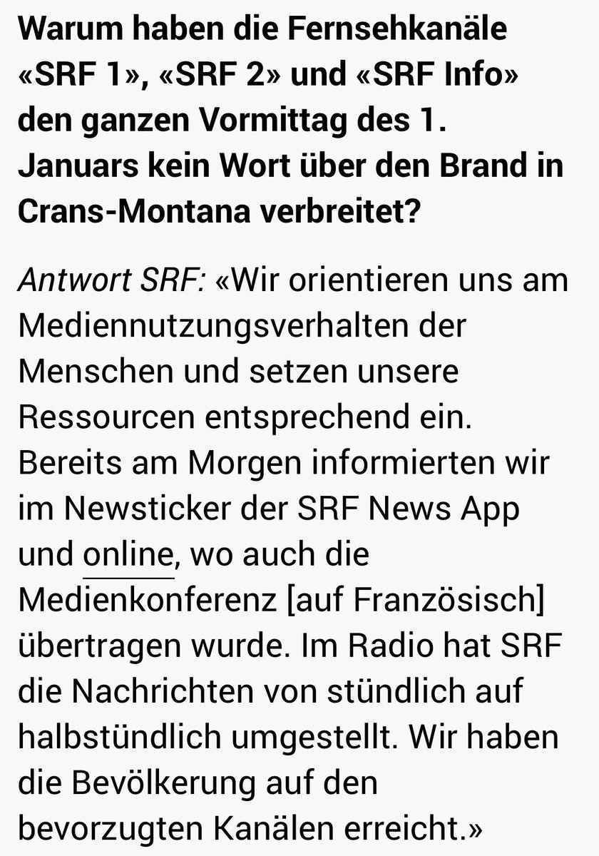 Breaking News von SRF: Die Hauptsender sind vormittags so relevant wie Teletext Seite 999.

Auf eine Anfrage von Infosperber antwortet SRF ernsthaft, warum sie über Crans-Montana erst spät im TV berichtet haben: Weil dort morgens eh niemand zuschaut. 🙈

Die wichtigen Infos gab’s