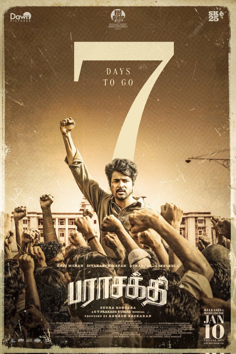 As the days get closer, the sound gets louder 🔊

#Parasakthi in just 7 days, in theatres from January 10th!

#ParasakthiFromPongal
#ParasakthiFromJan10