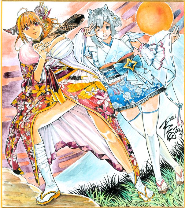 元日からエアコンの室外機がヤバい音出していて、ノジマでエアコンの価格調べたら渋沢センセが20枚くらい飛んでいきそうな感じなので一気に正月気分吹き飛んでめっさ仕事してました BOOTHでリクエストいただいた水彩色紙『和服少女たちと初日の出』姦性…ジャナクテ完成ッス