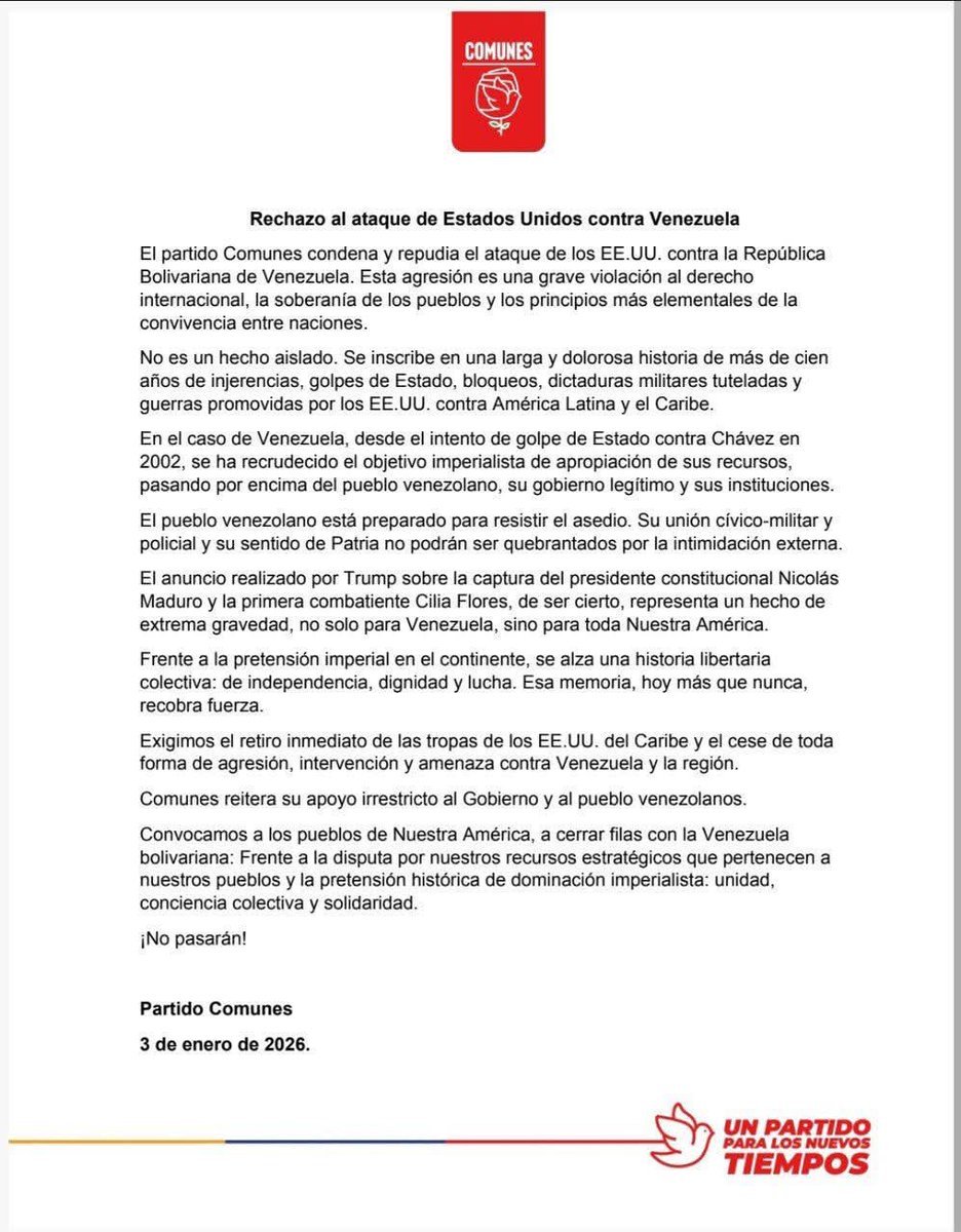 #COMUNICADO

🚨 Rechazamos la agresión de EE. UU. contra Venezuela.
Defender la soberanía de los pueblos es defender la paz en Nuestra América.

Solidaridad con el pueblo venezolano.
¡No pasarán! ✊🇻🇪