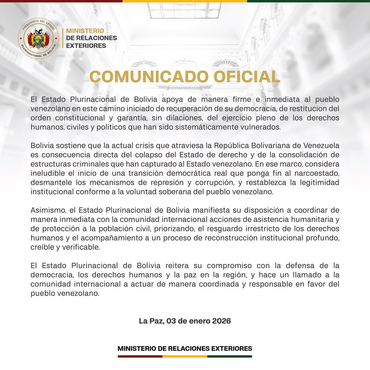 Acompañamos con firmeza al pueblo venezolano en el inicio de un nuevo camino: el de la recuperación de la democracia, la reconstrucción de sus instituciones y la reactivación de su economía.

Apoyamos una transición real que permita restablecer el Estado de derecho, devolver