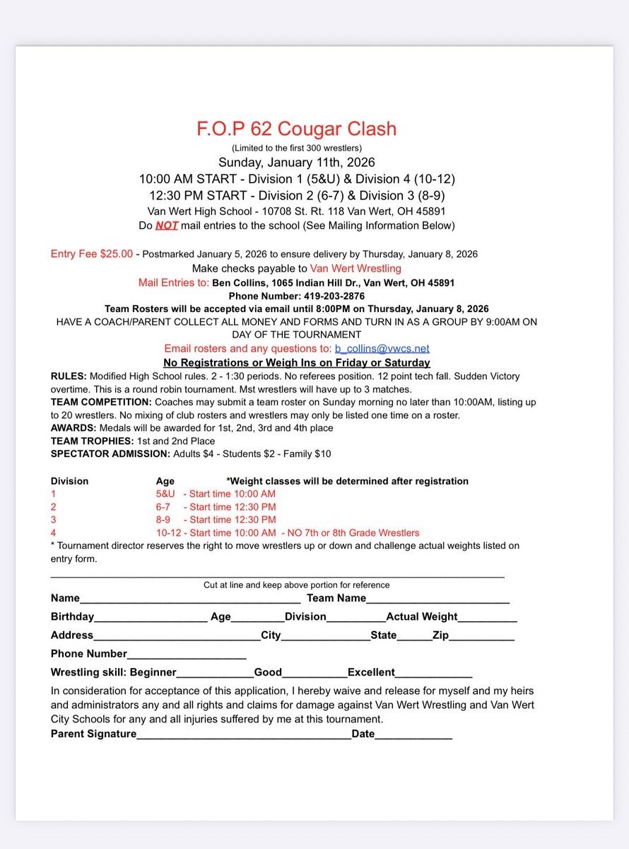 Reminder to turn in your forms for the Van Wert Youth Tournament if you are planning on wrestling in it on Sunday Jan 11th. Mailing deadline is January 5th. This is a good tournament for beginner wrestlers. Let Coach Alig know if you have any questions.