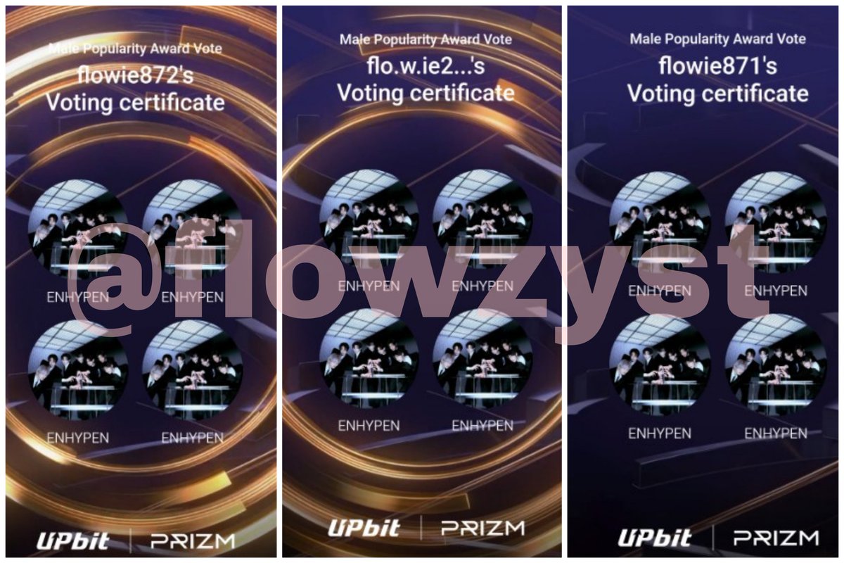🎉 CONGRATULATIONS FOR #ENHYPEN 🎉 

PRIZM 40th GDA - Golden Disc UPbit Popularity Award
12 🎟️ 
has been successfully casted ✅

Thank you for your participation 🌷.
#lowieproofs