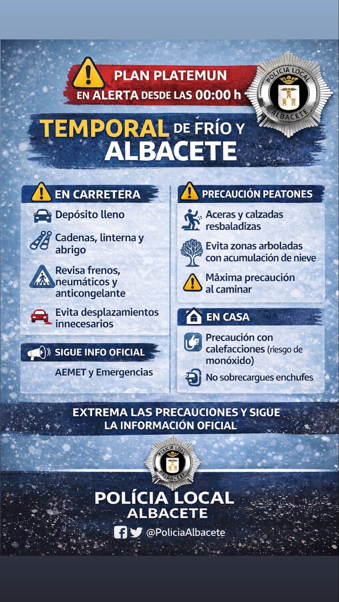 PoliciaAlbacete's tweet photo. ❄️ ALBACETE | AVISO IMPORTANTE ❄️

🚨 Desde las 00:00 h está activado el Plan PLATEMUN en fase de alerta por frío intenso y posibles nevadas.

👉 La prevención es clave para evitar riesgos.
Sigue nuestras recomendaciones y comparte.

#Albacete #PLATEMUN #Aviso #TemporalDeFrío https://t.co/nZlT4kyBEZ