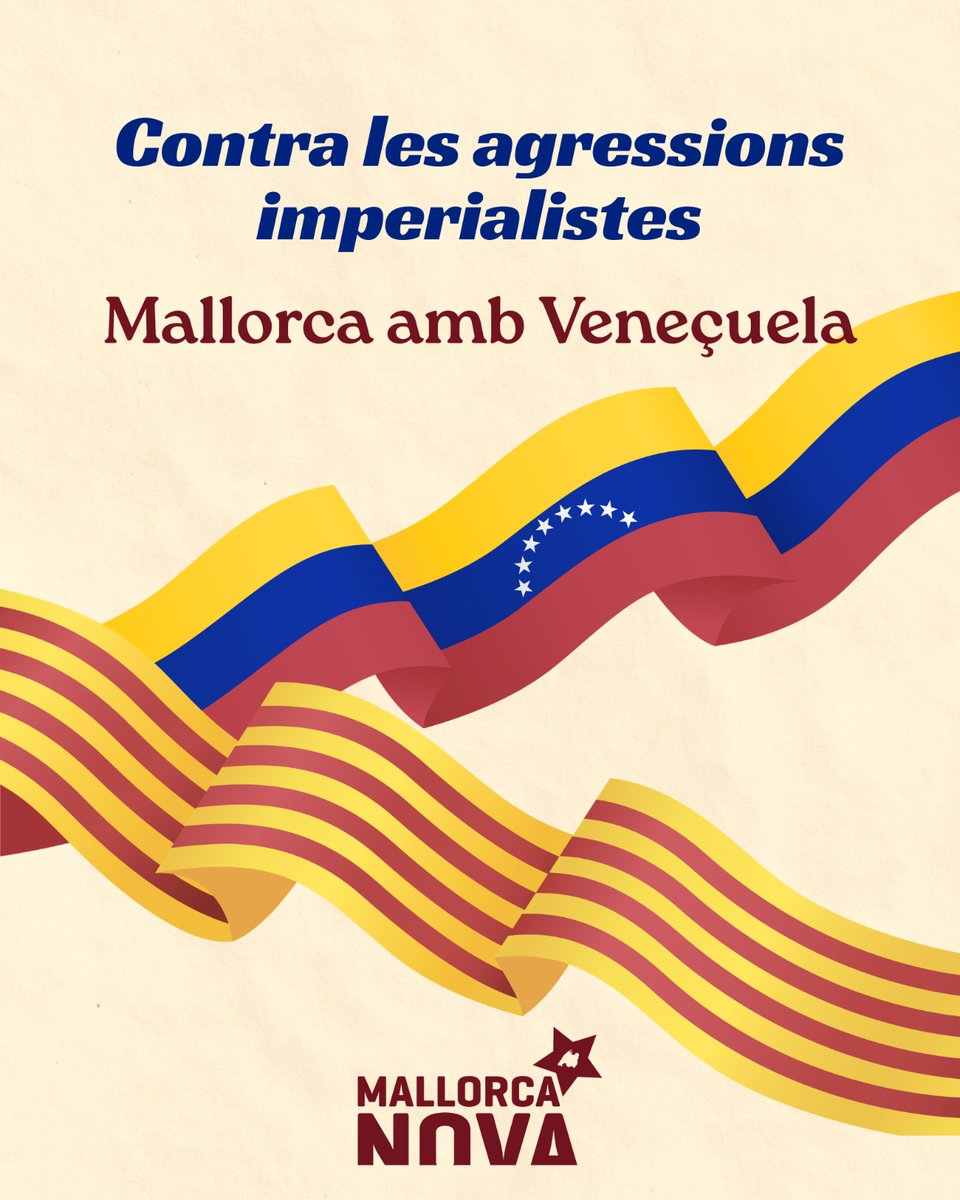 jmallorcanova's tweet photo. 📢Condemnam l’intolerable bombardeig d’un país sobirà i l’amenaça dels Estats Units a la pau.

Una agressió imperialista al dret internacional i al poble veneçolà que només s’explica per fam de petroli.

¡Aquí manda el pueblo, no el imperio!
Visca Veneçuela i Mallorca lliures! ✊ https://t.co/Z6wjOauiJH