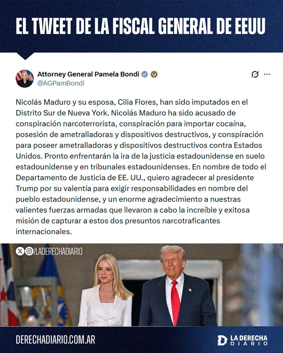laderechadiario's tweet image. 🚨🇻🇪🇺🇸 | #AHORA La Fiscal General de Trump acaba de confirmar que Nicolás Maduro y su esposa, Cilia Flores, han sido acusados por la Fiscalía del Distrito Sur de Nueva York de "conspiración narcoterrorista, conspiración para importar cocaína, posesión de ametralladoras y