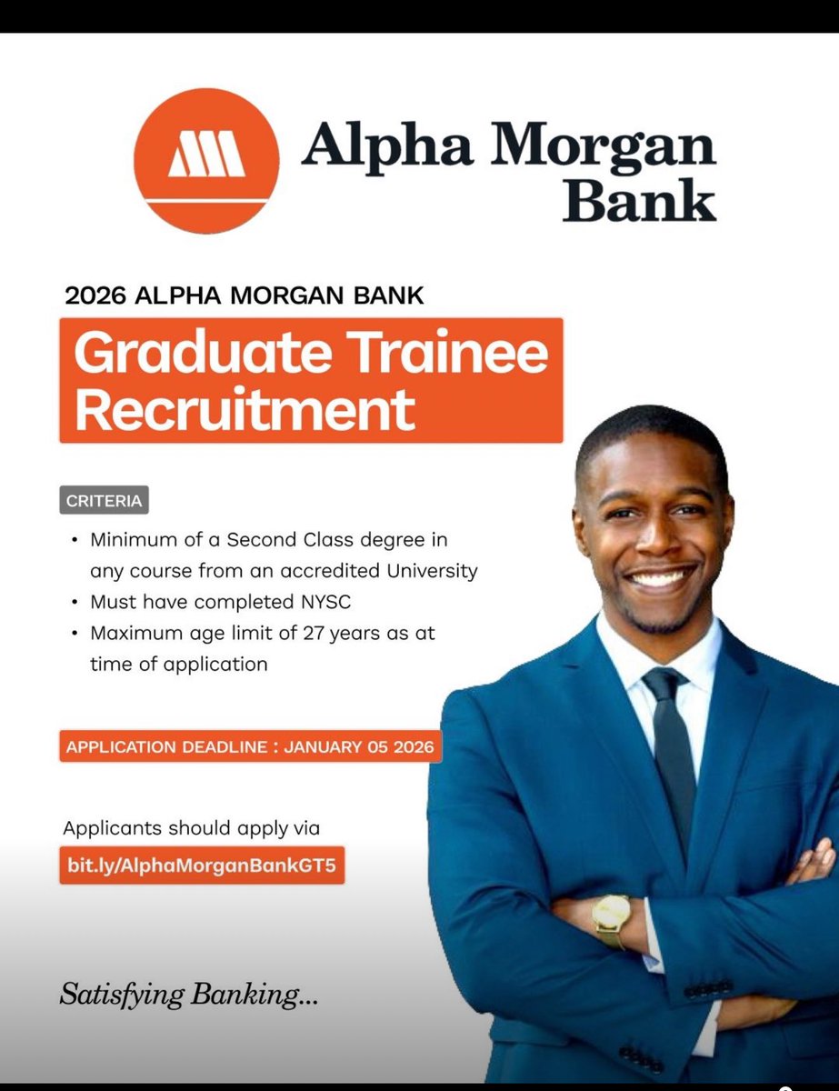Recruitment for the next generation of high-flyers to be a part of Alpha Morgan Bank is now open.

If you have the intellect, the drive, and the ambition to redefine financial excellence, we want you in our 2026 Graduate Trainee cohort.

Apply here -jobportal.hr-flex.com/alphamorganban…