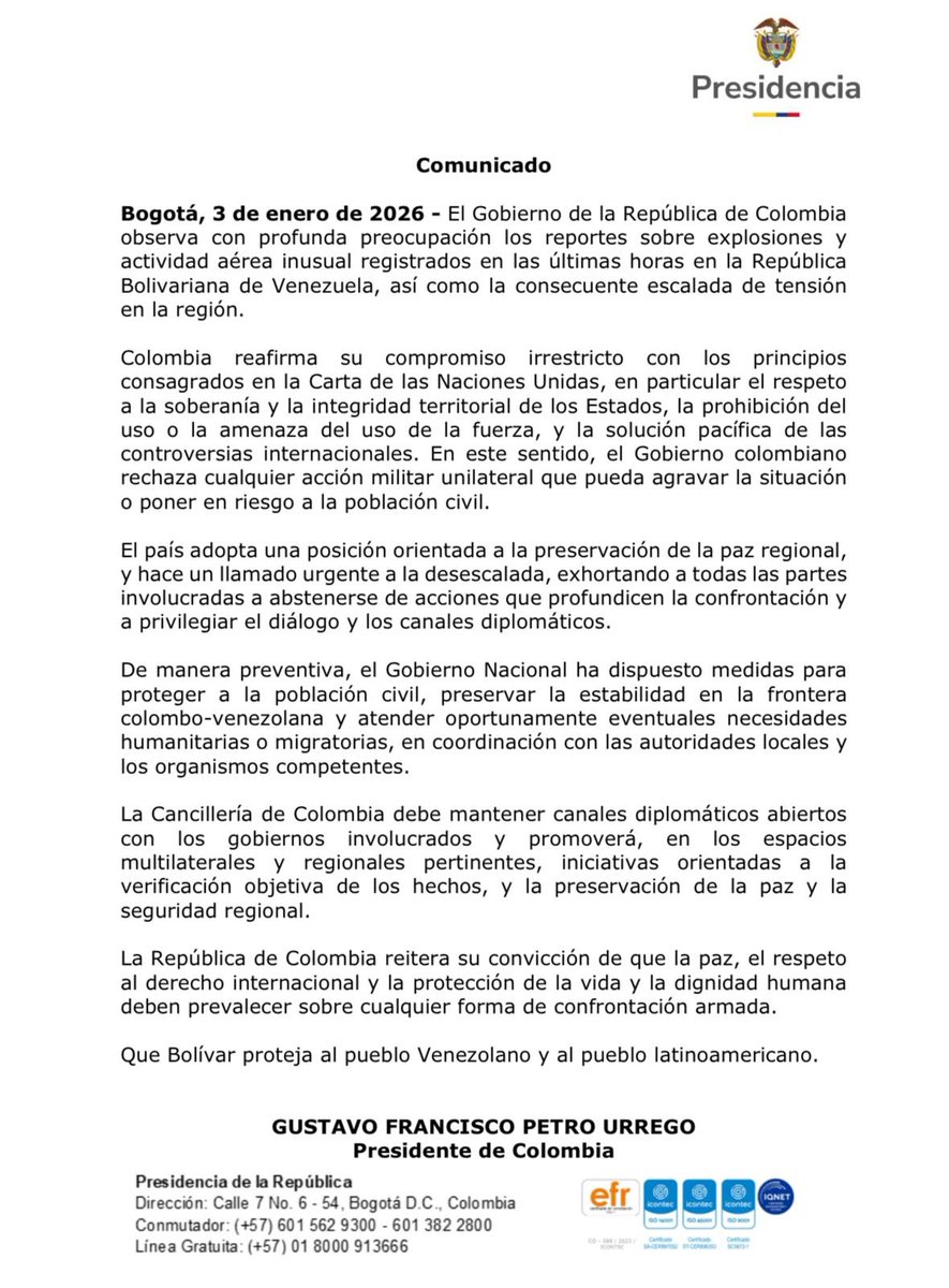 DapreCol's tweet image. #Comunicado se observa con preocupación los ataques contra Venezuela. Colombia adopta una posición orientada a la preservación de la paz regional. 

@PetroGustavo