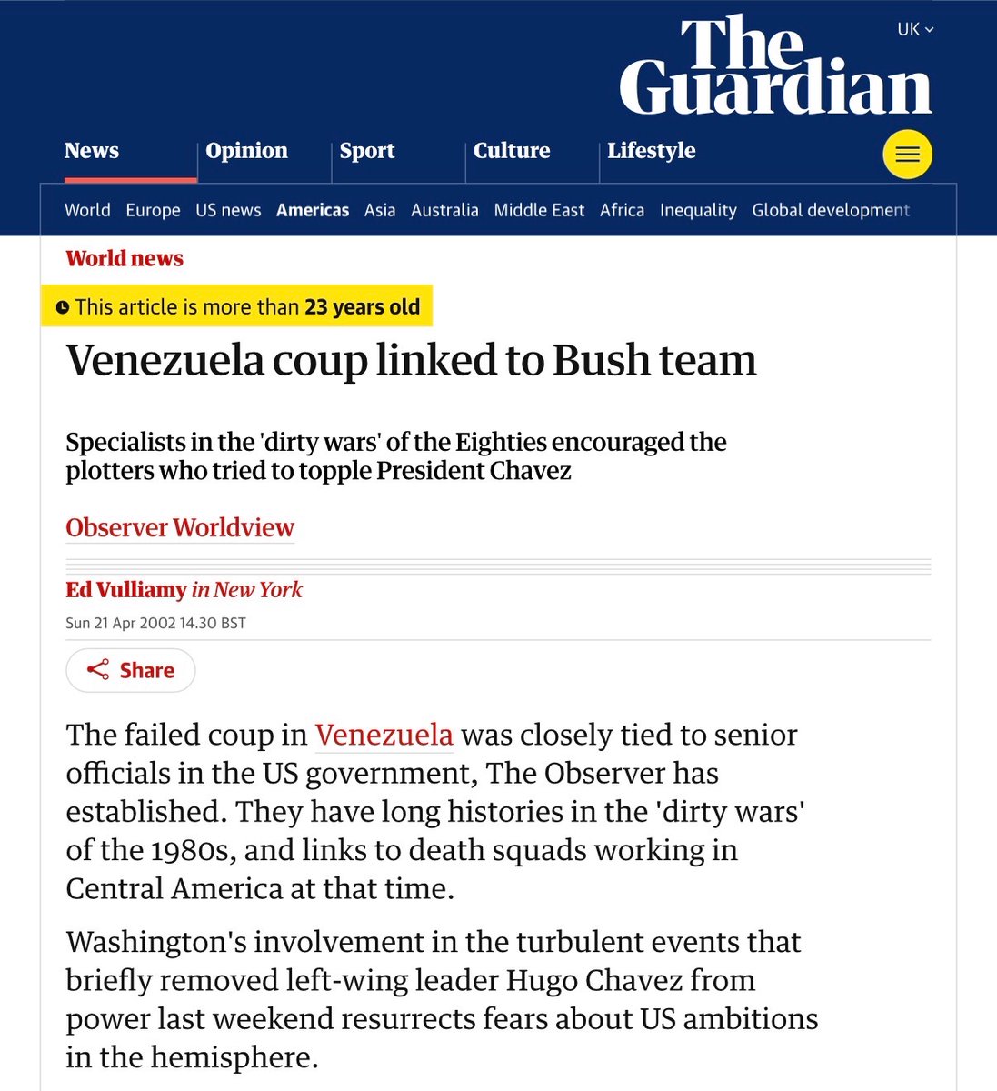 The Bush admin engineered a coup in Venezuela in 2002

Chávez was taken hostage and flown to an island for 2 days

It was reversed because the people fought back

US has been at war with Venezuela since 1999 because it slipped the imperial leash. No greater crime in Washington
