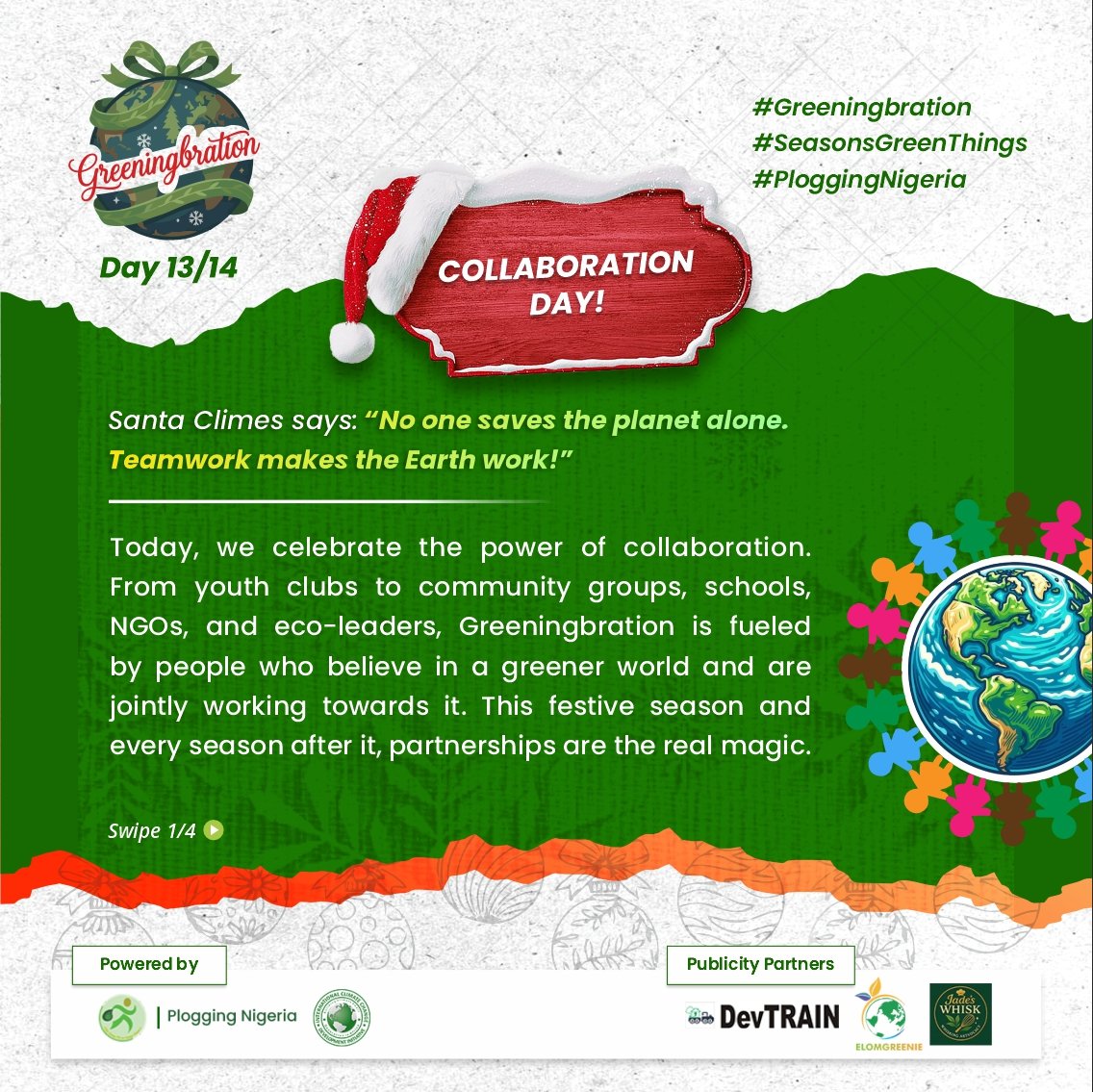 ploggingnigeria's tweet photo. 1️⃣3️⃣/1️⃣4️⃣ of #Greeningbration. 

Today, we celebrate the power of collaboration that multiplies impact. 💪

Susty-shouts to all volunteers, and organisations that have partnered with us for the #14DaysEndOfTheYearCampaign since 2019. 🗣️🙌🏿

#SeasonsGreenThings
#PloggingNigeria https://t.co/6kCRXKdjqy