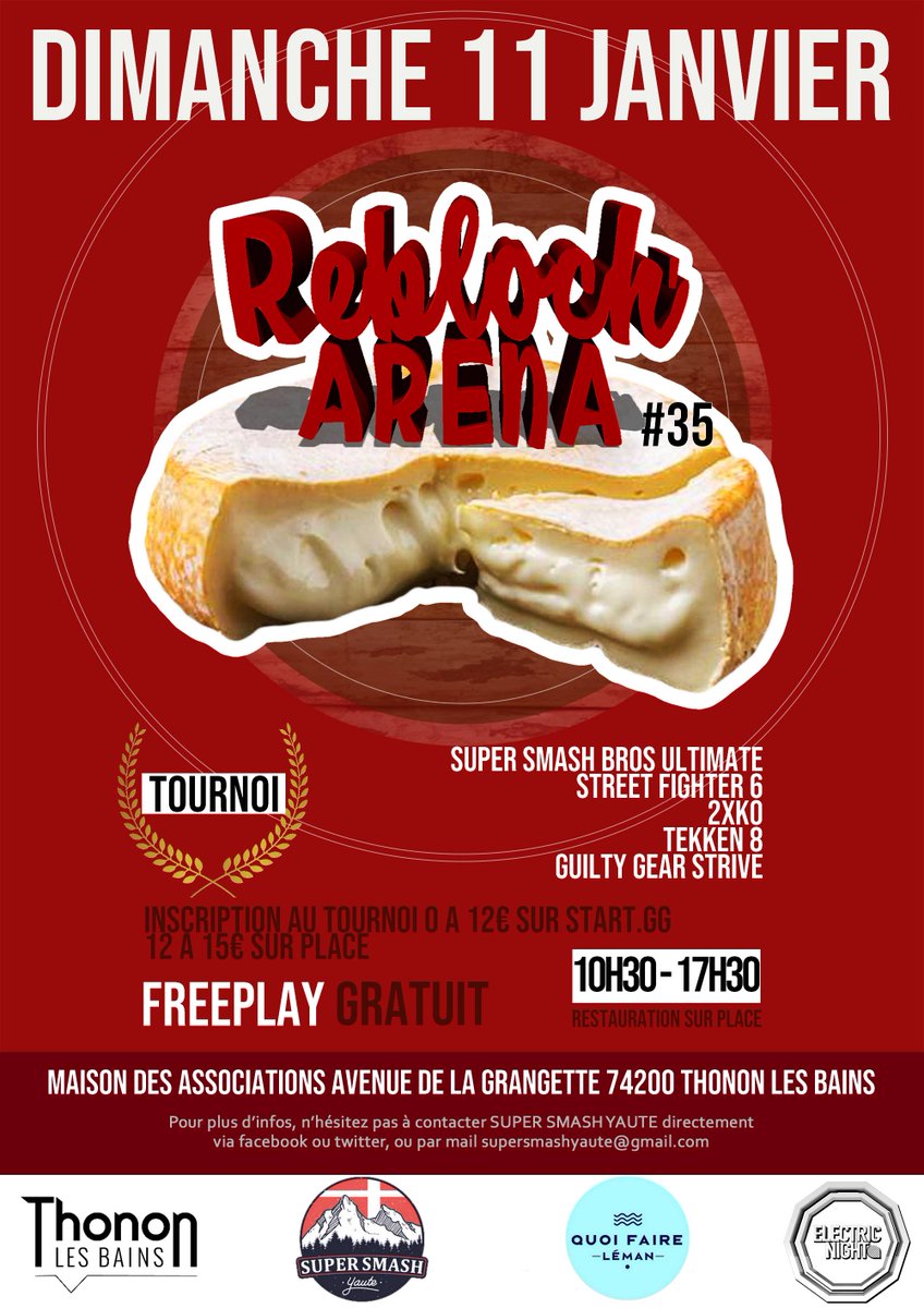 Toute l'equipe SSY vous souhaites une bonne année 2026, qu'elle sois rempli de reblochon.

1er round le Dimanche 11 Janvier.

Infos : start.gg/rebloch35