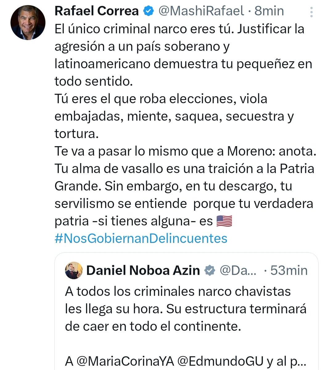 El <a href="/MashiRafael/">Rafael Correa</a> le contesta al presidente <a href="/DanielNoboaOk/">Daniel Noboa Azin</a> sobre su pronunciamiento en  X de la captura de Nicolás Maduro por parte de los DeltaForce de EEUU.
