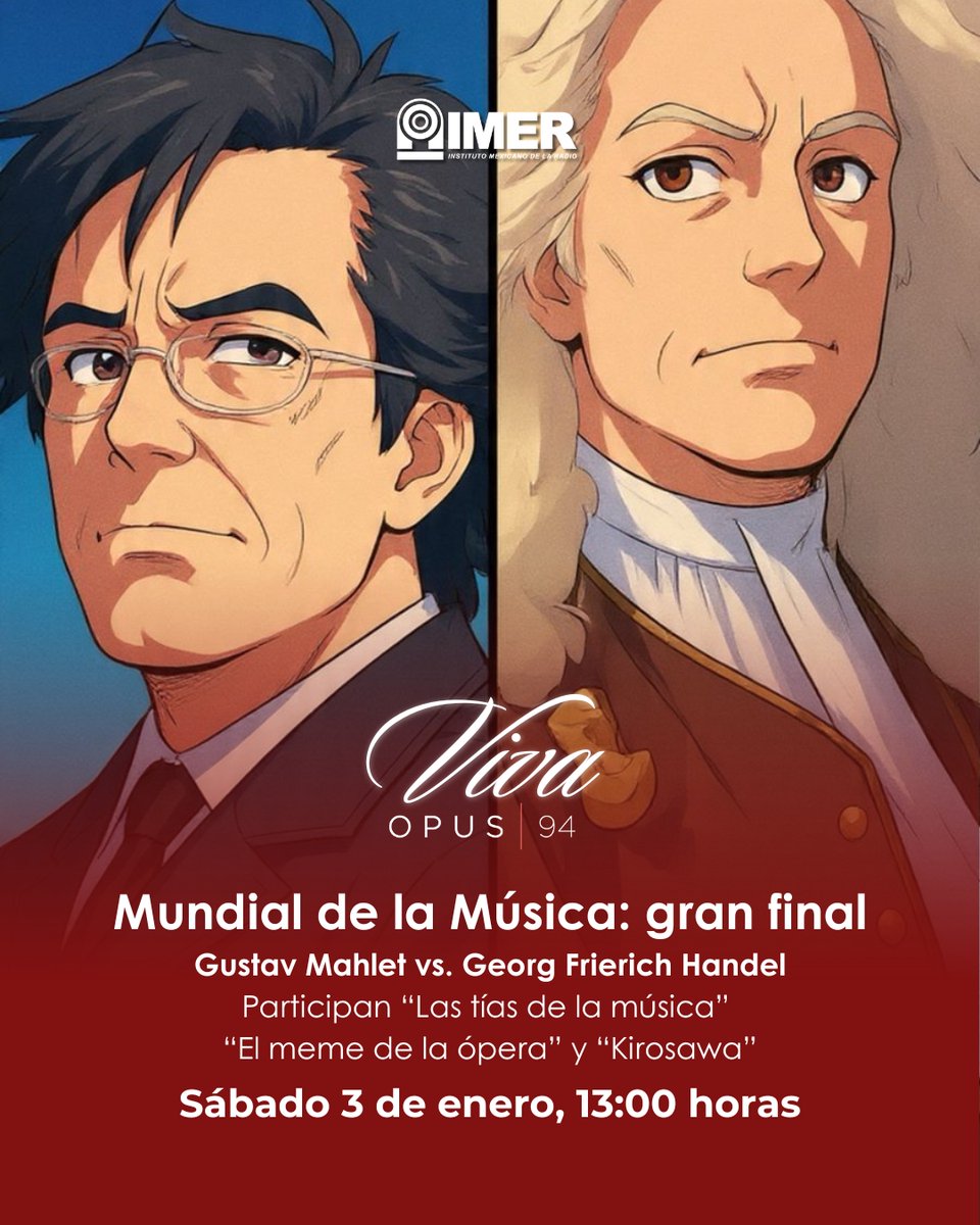 Acompañen a las Las <a href="/tiasdelamusica/">Las Tías de la Música</a>, <a href="/MemeOpera/">El Meme De La Ópera</a> y <a href="/Kirosawa/">Kirosawa</a>, quienes se reúnen para definir la decisión del público para el nuevo campeón o campeona del #MundialdelaMúsica

⏲ 13 h
📻 94.5 fm CDMX
🌐 imer.mx/opus