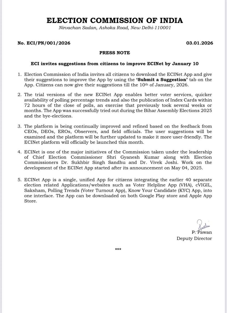 👉ईसीआईनेट में सुधार हेतु 10 जनवरी तक नागरिकों से सुझाव आमंत्रित 🙌
👉#ECI सभी नागरिकों से आग्रह करता है कि वे ECINet ऐप डाउनलोड करें और ऐप में उपलब्ध 'Submit a Suggestion’ टैब का उपयोग करते हुए इसे बेहतर बनाने हेतु अपने सुझाव दें। 
👉नागरिक 10 जनवरी, 2026 तक अपने सुझाव भेज सकते