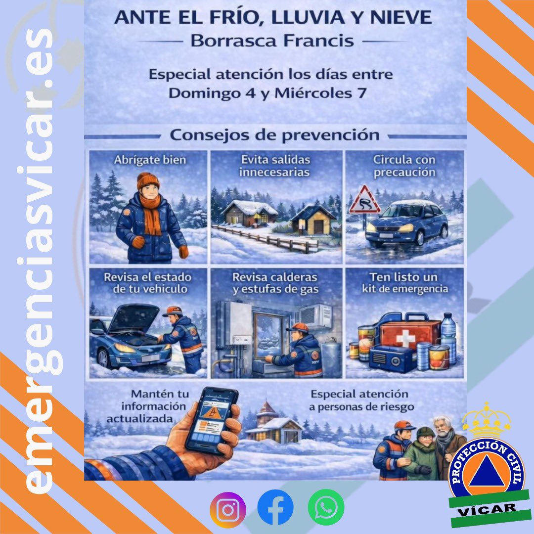 SlpcVicar's tweet photo. ℹ️ Se acerca la #BorrascaFrancis con unos próximos días muy invernales. 
🦺Desde Protección Civil y Emergencias de Vícar te recordamos: 
🧥 Abrígate bien
❌ Evita salir si no es necesario
✅ Revisa calderas y estufas antes de usarlas.
#Emergenciasvícar https://t.co/6i7OJCl4eO