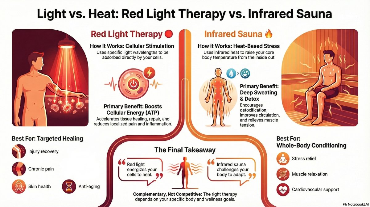 restorehlc's tweet photo. 🔴 Light vs. 🔥 Heat: Both boost wellness! Red Light Therapy energizes cells; Infrared Sauna detoxifies. Combine for optimal health! #RedLightTherapy #InfraredSauna #Photobiomodulation #LongevityLifestyle #BiohackingBasics  #ReduceInflammation #DetoxSupport #RestoreHealth https://t.co/ScDqjd0tNk