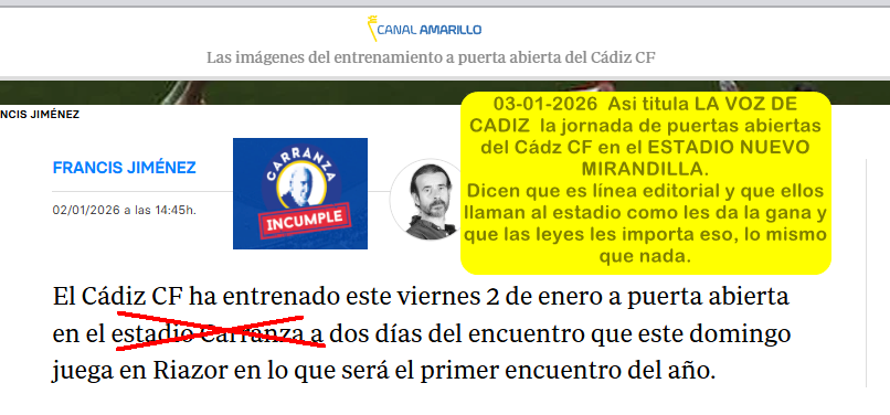A esto le llaman algunos tener lÍnea editorial. Nuestro estadio se llama NUEVO MIRANDILLA. Es muy fácil
<a href="/SubdelegCadiz/">Subdelegación Cádiz</a>
<a href="/cadiz_cf/">Cádiz Club de Fútbol</a>
<a href="/SE_MemoDemo/">Secretaría de Estado de Memoria Democrática</a>
<a href="/APCadiz/">APC</a>
<a href="/PeriodistasAND/">CPPA</a>
<a href="/Cadiz_CF/">Cádiz Club de Fútbol</a>
<a href="/iucadiz/">IU Cádiz🔻🇵🇸</a>
<a href="/psoecadiz/">PSOE de Cádiz</a>
<a href="/DefensorAndaluz/">Defensor P. Andaluz</a>
<a href="/brunog_cadiz/">Bruno García</a>
<a href="/diariocadiz/">Diario de Cádiz</a>
<a href="/EstherGilSumar/">Esther Gil de Reboleño</a>
<a href="/RadioCadiz/">Radio Cádiz</a>