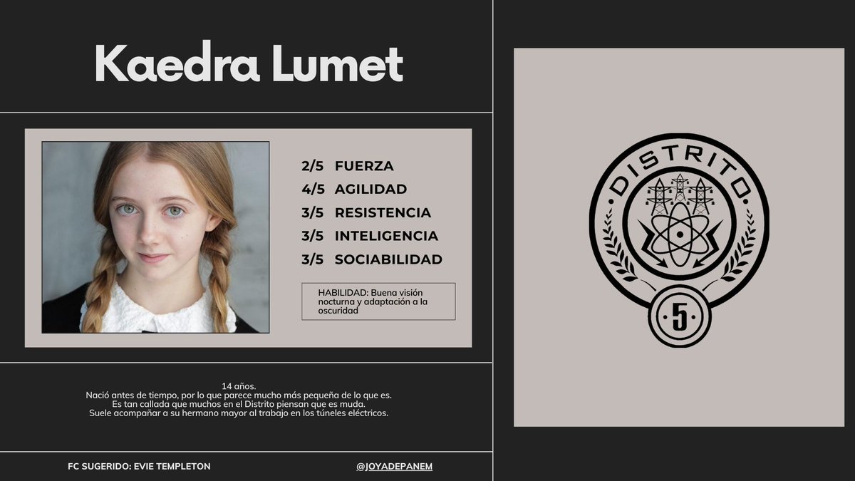 JOYADEPANEM's tweet image. Tributo femenino del Distrito 5
Kaedra Lumet (Evie Templeton)