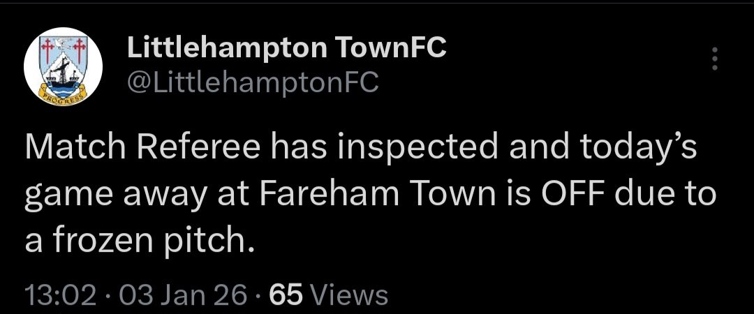 DavenLots's tweet photo. @YourFareham @farehamtownfc Game off unfortunately https://t.co/rsMGTxtyA6