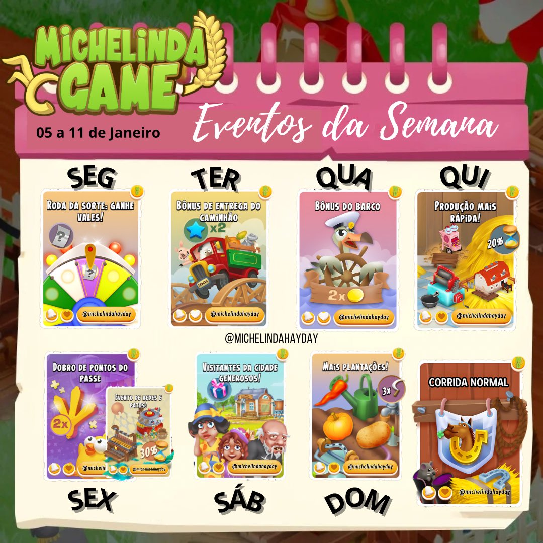 ✨ EVENTOS DA SEMANA - Corrida Normal

Todos os eventos da Semana começam às 05h da amanhã horário de Brasília - BR #hayday